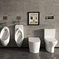 Modern Urinals in Bathroom with Toilets Grey Wall and Decorative Painting