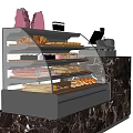 Bakery Display Shelf Featuring Multiple Layers of Bread Pastries Pink Bags and Marble Countertop
