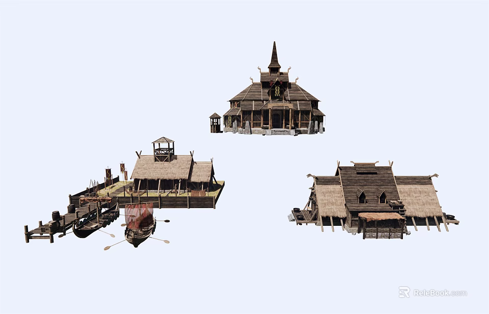 Rustic Wooden House Structures With Thatch Roofs Pointed Tops And Boats 3d model 