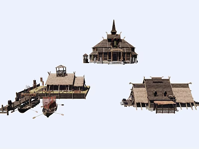 Rustic Wooden House Structures With Thatch Roofs Pointed Tops And Boats 3d model