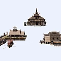 Rustic Wooden House Structures With Thatch Roofs Pointed Tops And Boats