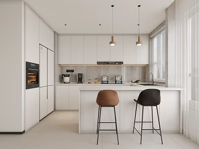 Modern Kitchen Interior Design With White Cabinets Island Counter Bar Stools And Pendant Lights 3d model