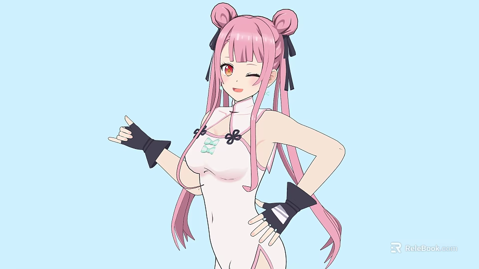 Woman In White Jumpsuit With Pink Double Ponytails Winking Black Gloves One Hand On Hip Hand Extended 3d model 