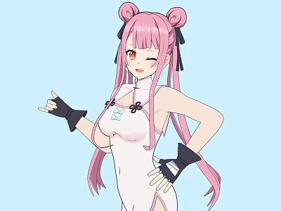 Woman In White Jumpsuit With Pink Double Ponytails Winking Black Gloves One Hand On Hip Hand Extended 3d model