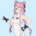 Woman In White Jumpsuit With Pink Double Ponytails Winking Black Gloves One Hand On Hip Hand Extended