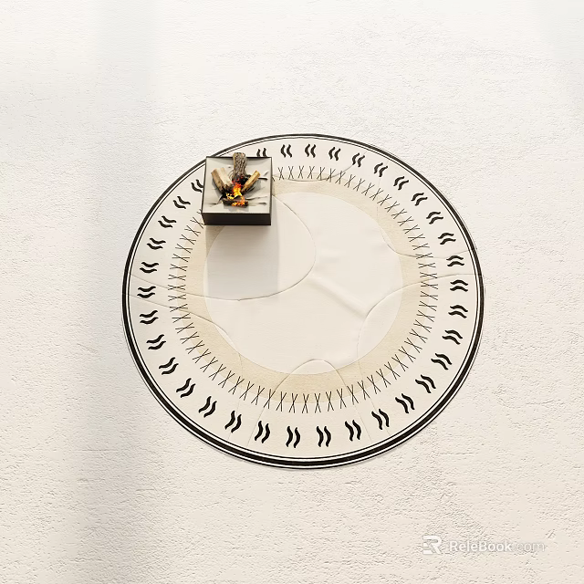 Round White Rug with Black Wavy Edge Patterns Featuring Small Black Box and Decorative Item 3d model