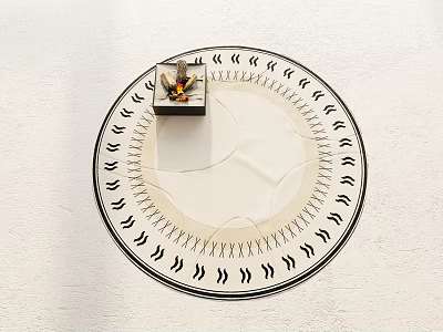 Round White Rug with Black Wavy Edge Patterns Featuring Small Black Box and Decorative Item 3d model