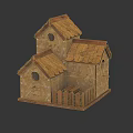 Wooden Two Tiered Birdhouse With Tile Roof Small Fence And Rustic Design