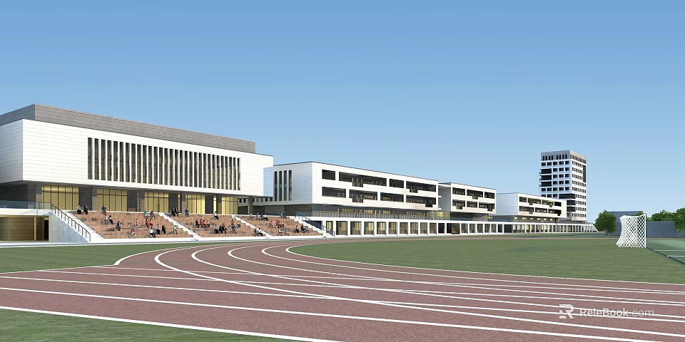 Modern School Building With White Exterior Running Track And Lawn Playground 3d model