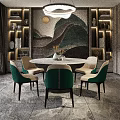 Elegant Dining Table Set With Round Table Green Chairs Wall Decor And Shelves 3d model