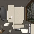 Minimalist Modern Bathroom Interior With Round Mirror White Sink Bathtub And Large Window