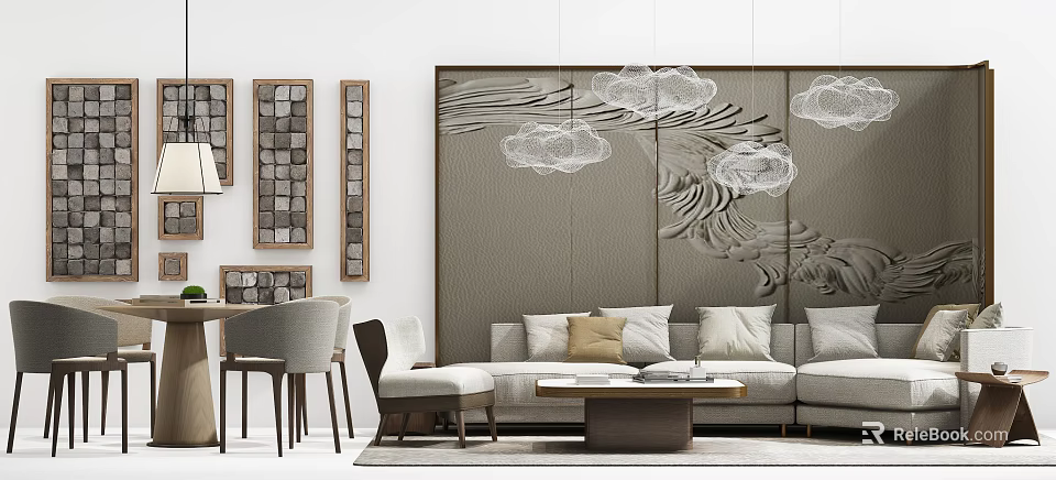 Modern Living Room With Sofa Coffee Table Set And Cloud Pattern Screen Wall 3d model