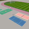 Small Garden Features In Sports Field Design With Green Turf And Red Running Track