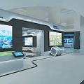 High Tech Exhibition Hall Interior With Robot Display Screens And Illuminated Floor 3d model
