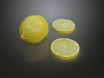 Fresh Yellow Lemon And Sliced Pieces On Dark Background Surface 3d model