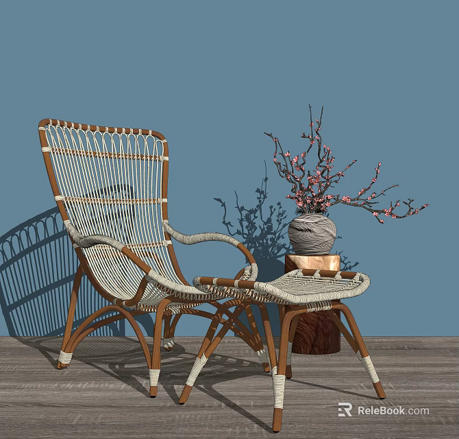 Vintage Rattan Leisure Chair With Wooden Frame And Decorative Flower Vase On Balcony 3d model 
