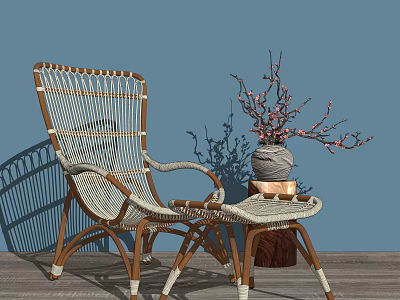 Vintage Rattan Leisure Chair With Wooden Frame And Decorative Flower Vase On Balcony 3d model