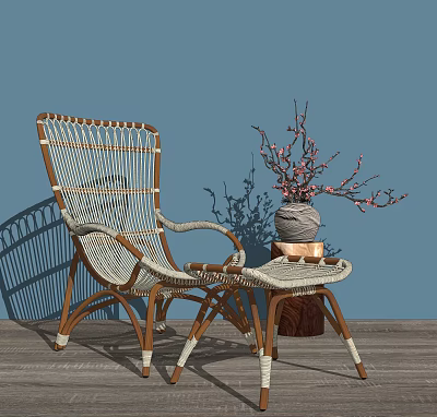 Vintage Rattan Leisure Chair With Wooden Frame And Decorative Flower Vase On Balcony 3d model