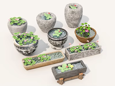 Garden Courtyard Decorative Flower Pots With Various Green Plants And Pink Flowers 3d model