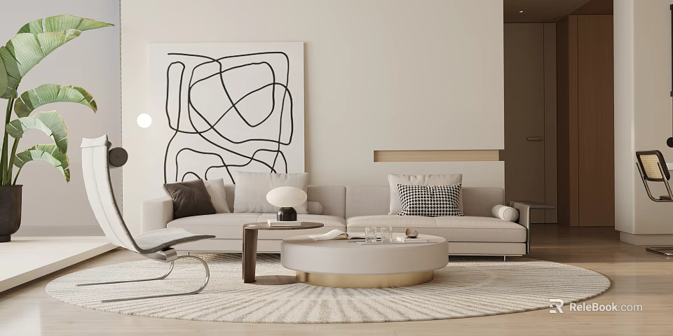Modern Sofa And Coffee Table Set With Abstract Wall Art Soft Pillows And Area Rug 3d model 