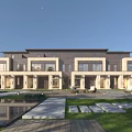 Modern Townhouse Exterior Design With Landscaped Garden Lawn Pathway And Large Windows