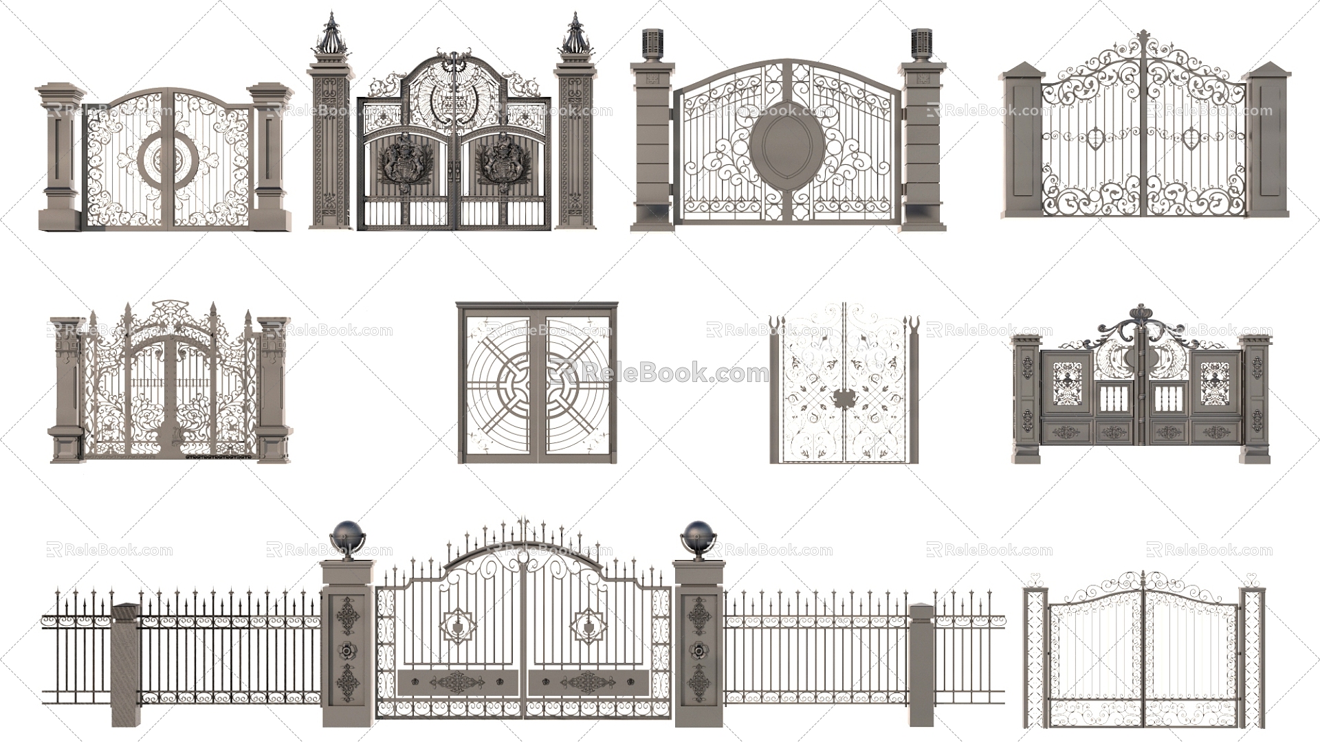 courtyard wall gate building components wrought iron gate 3d model