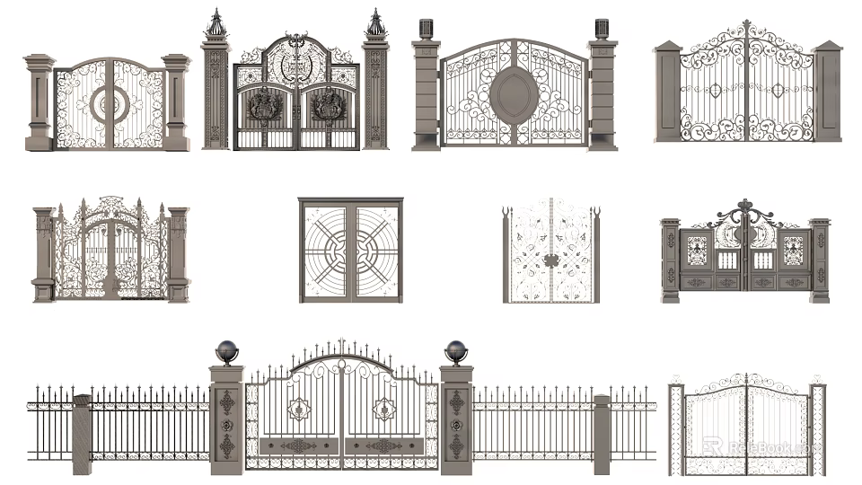 Various Decorative Wrought Iron Gates With Carved Patterns And Pillar Structures 3d model 