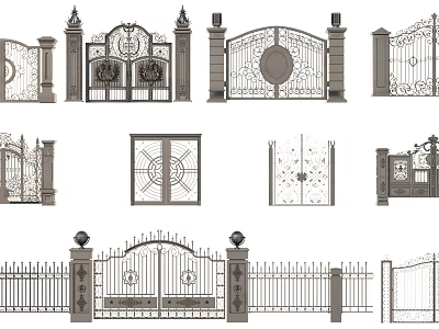 Various Decorative Wrought Iron Gates With Carved Patterns And Pillar Structures 3d model
