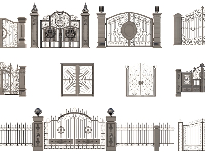 courtyard wall gate building components wrought iron gate 3d model