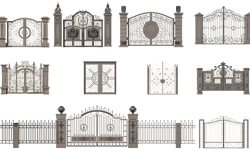 courtyard wall gate building components wrought iron gate 3d model