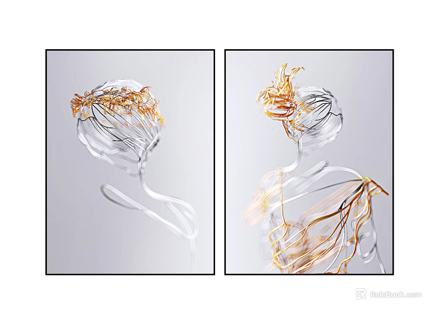 Two Panel Transparent Figure Paintings With Golden Headdress And Decorative Lines 3d model 