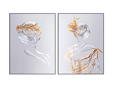 Two Panel Transparent Figure Paintings With Golden Headdress And Decorative Lines 3d model