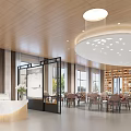 Modern Service Hall Interior With Wooden Ceiling And Open Layout 3d model