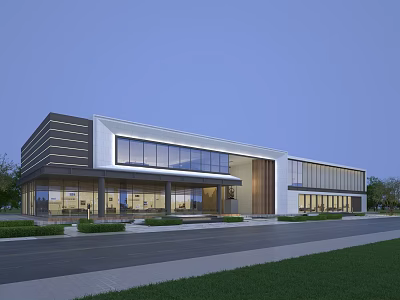 Modern Sales Office Building With Large Glass Windows Horizontal Lines Wooden Elements And Green Lawn 3d model