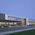 Modern Sales Office Building With Large Glass Windows Horizontal Lines Wooden Elements And Green Lawn