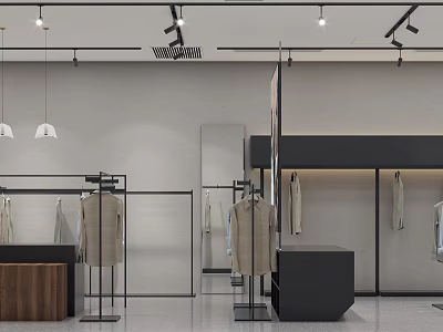 Modern Clothing Store Interior Featuring Stylish Outfits On Racks And Display Shelves 3d model