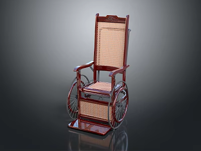Industrial Equipment Wheelchair With Wooden Frame Rattan Seat And Metal Wheels 3d model