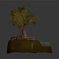 Decorative Tree with Red Fruits Surrounded by Small Water and Wooden Fence on Brown Base