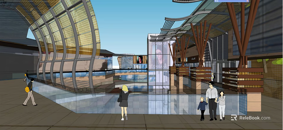 Modern Commercial Street with Glass Facades and Contemporary Structures Busy Pedestrians Walking in Open Plazas 3d model 