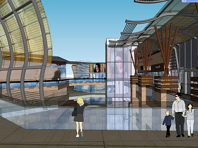 Modern Commercial Street with Glass Facades and Contemporary Structures Busy Pedestrians Walking in Open Plazas 3d model
