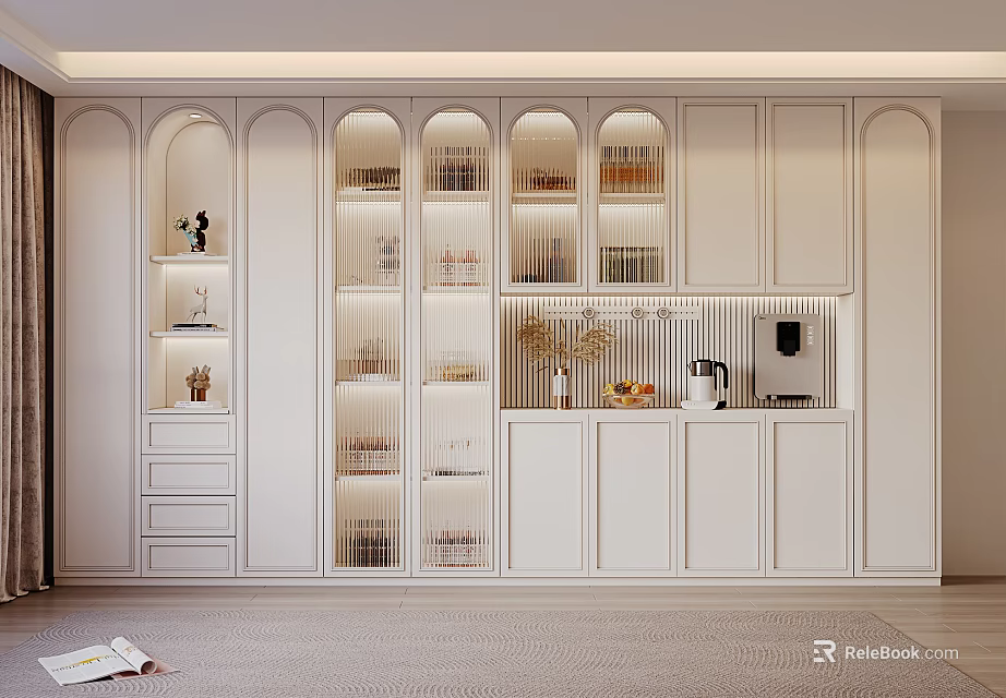 Modern White Wine Cabinet In Open Concept Kitchen With Glass Doors And LED Lights 3d model 