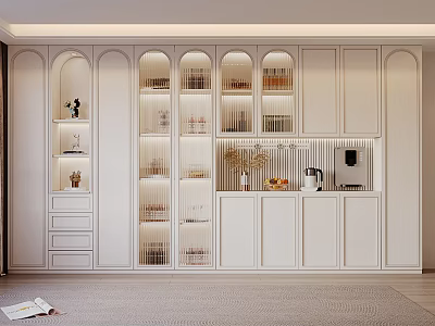 Modern White Wine Cabinet In Open Concept Kitchen With Glass Doors And LED Lights 3d model