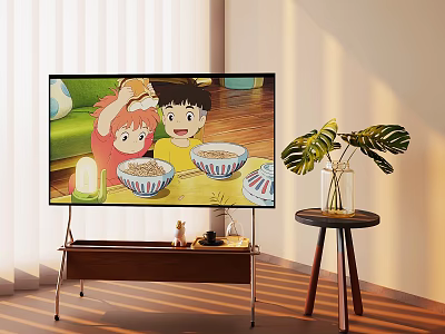 TV Screen Showing Kids Eating Instant Noodles On Wooden Stand With Green Plant Nearby 3d model