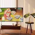 TV Screen Showing Kids Eating Instant Noodles On Wooden Stand With Green Plant Nearby