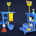 Blue Cleaning Carts With Brooms Spray Bottles Buckets And Cleaning Supplies
