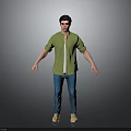 Man In Green Shirt Blue Jeans And Beige Shoes Standing