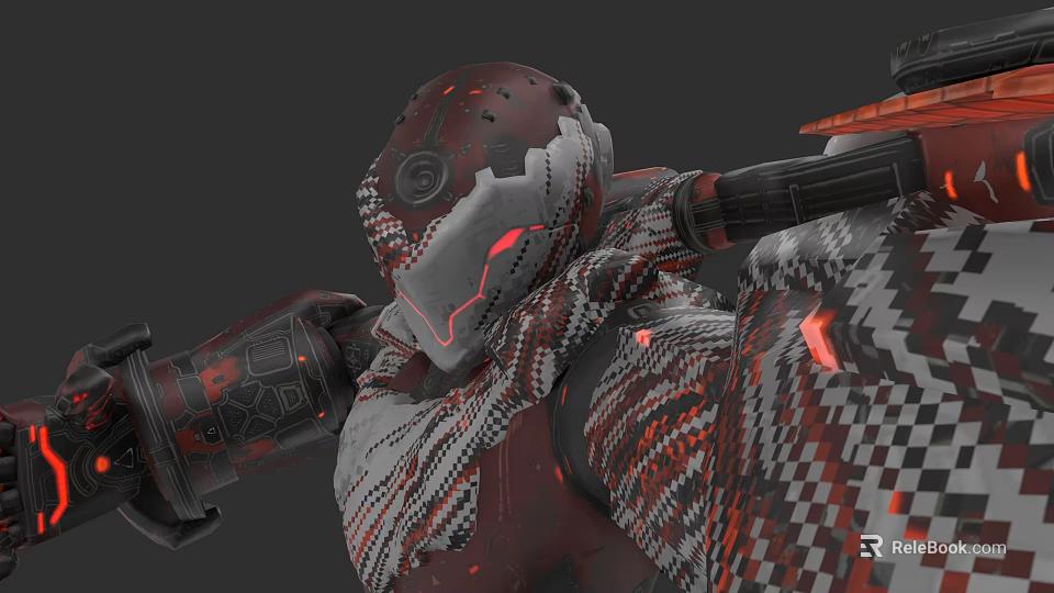 Futuristic Mechanical Game Movie Character With Red Glowing Armor And Weapon 3d model 