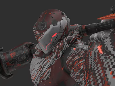 Futuristic Mechanical Game Movie Character With Red Glowing Armor And Weapon 3d model