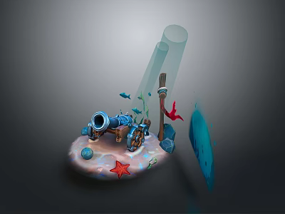 3D Rendered Ocean Themed Cannon Weapon With Starfish Small Fish Coral And Transparent Cylindrical Structure 3d model