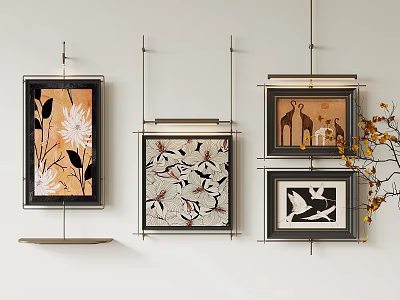 Decorative Paintings With Floral And Animal Motifs In Black Frames With Branch Decoration 3d model